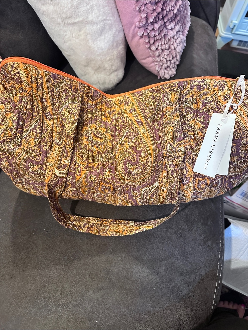 Karma Highway Paisley Quilted Shoulder Bag in Brown & Orange